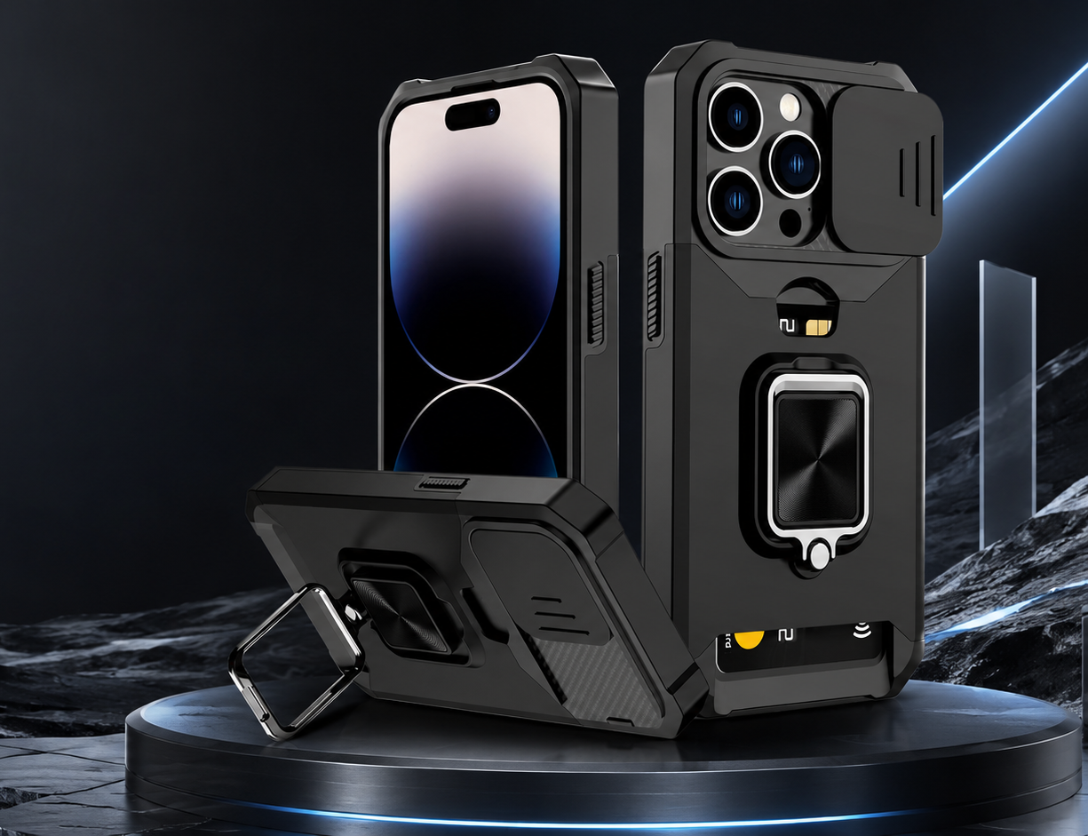 Black rugged mobile covers with stand protection on a dark stage