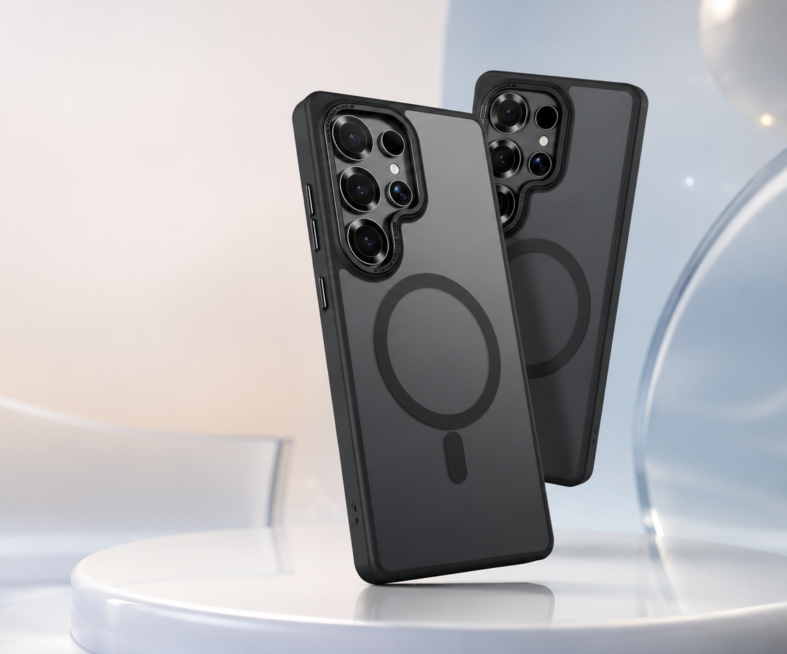 Black matte premium mobile covers floating over a bright display stand