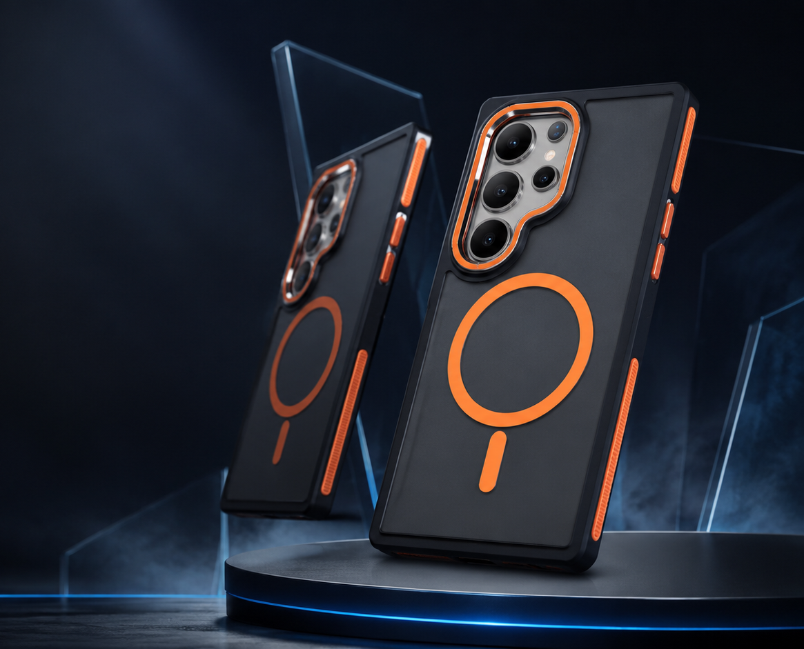 Black and orange premium mobile covers on a dark product stage