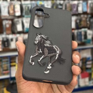 Premium Embroidered Leather Style Case for Samsung Galaxy S24 – Black Horse Edition
